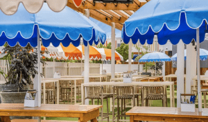 Blue beach umbrellas and orange and white alternate panels