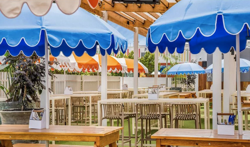 Blue beach umbrellas and orange and white alternate panels